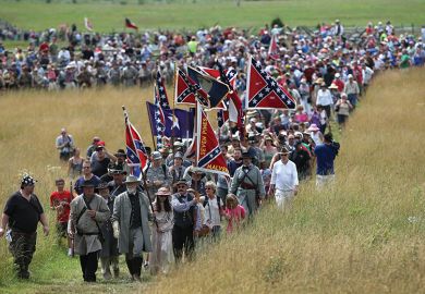 A re-enactment of Pickett’s Charge on the 150th anniversary of the Battle of Gettysburg on July 3, 2013 to illustrate a review of “American Exceptionalism: A New History of an Old Idea” by Ian Tyrrell